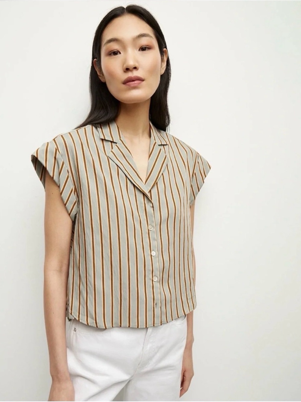 Veronica Beard Women’s Kasa Striped Short Sleeve Button Down Top, Olive Small